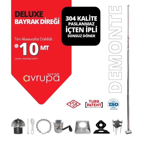 10 Metre Paslanmaz Krom Deluxe Bayrak Direği