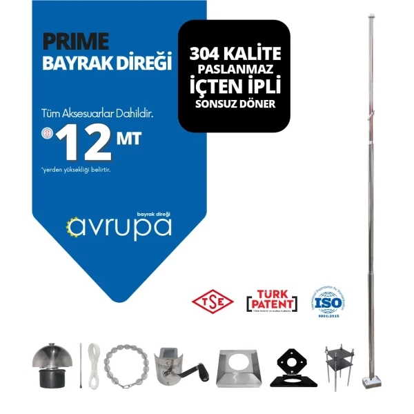 12 Metre Paslanmaz Krom Prime Bayrak Direği