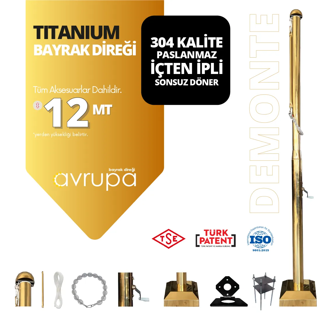 12-metre-bayrak-diregi-titanium 12 Metre Paslanmaz Titanyum Gold Bayrak Direği - Görsel 1