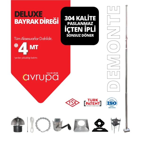 4 Metre Paslanmaz Krom Deluxe Bayrak Direği