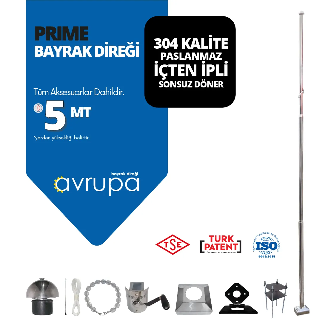 5-metre-bayrak-diregi-prime 5 Metre Paslanmaz Krom Prime Bayrak Direği - Görsel 1