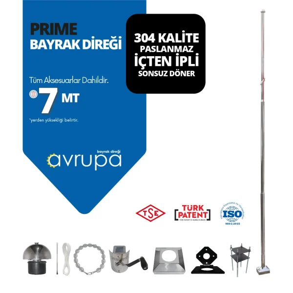 7 Metre Paslanmaz Krom Prime Bayrak Direği, yanında teknik bilgi paneli ve altında mekanizma ile montaj aksesuarları.