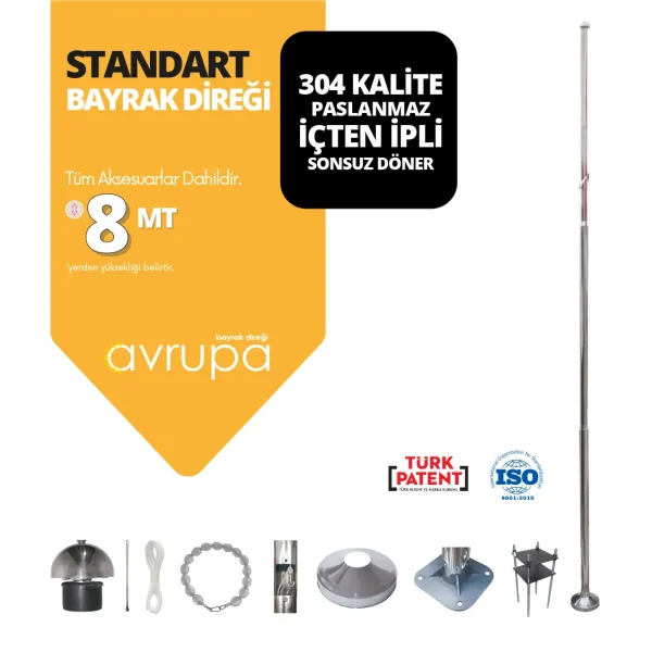 8 Metre Paslanmaz Krom Standart Bayrak Direği