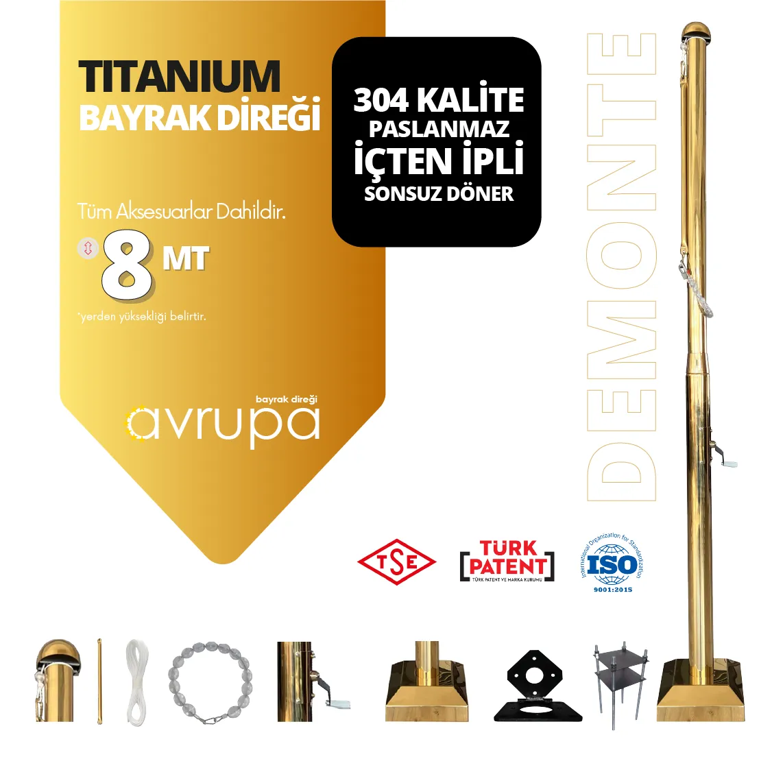 8-metre-bayrak-diregi-titanium 8 Metre Paslanmaz Titanyum Gold Bayrak Direği - Görsel 1